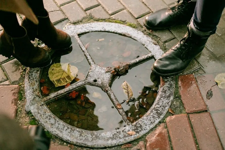 Rainwater standing in a puddle on a wet paved surface