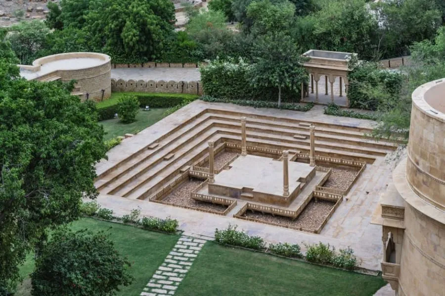 An Indian sandstone paved patio