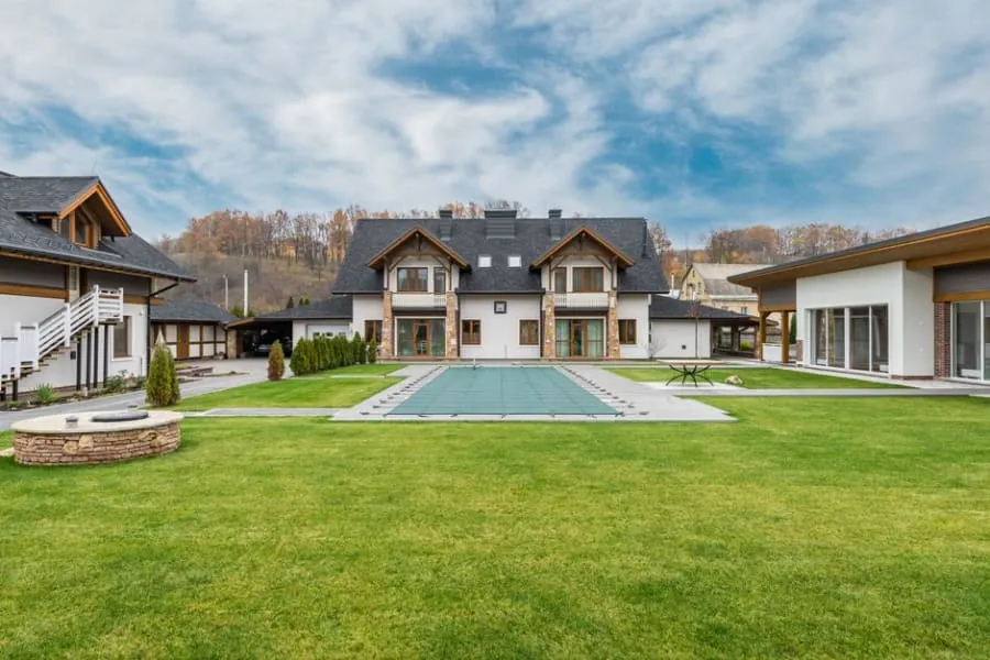 A large paved patio in a garden