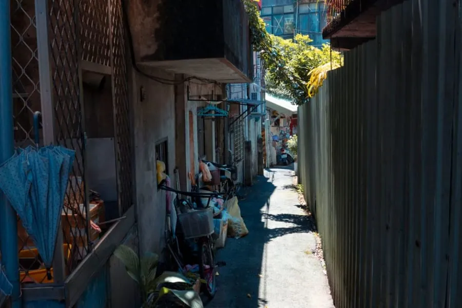A narrow side-return path beside a house
