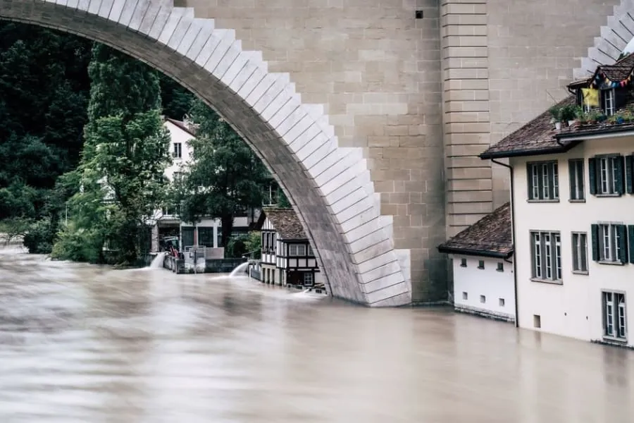 A swollen river in flood